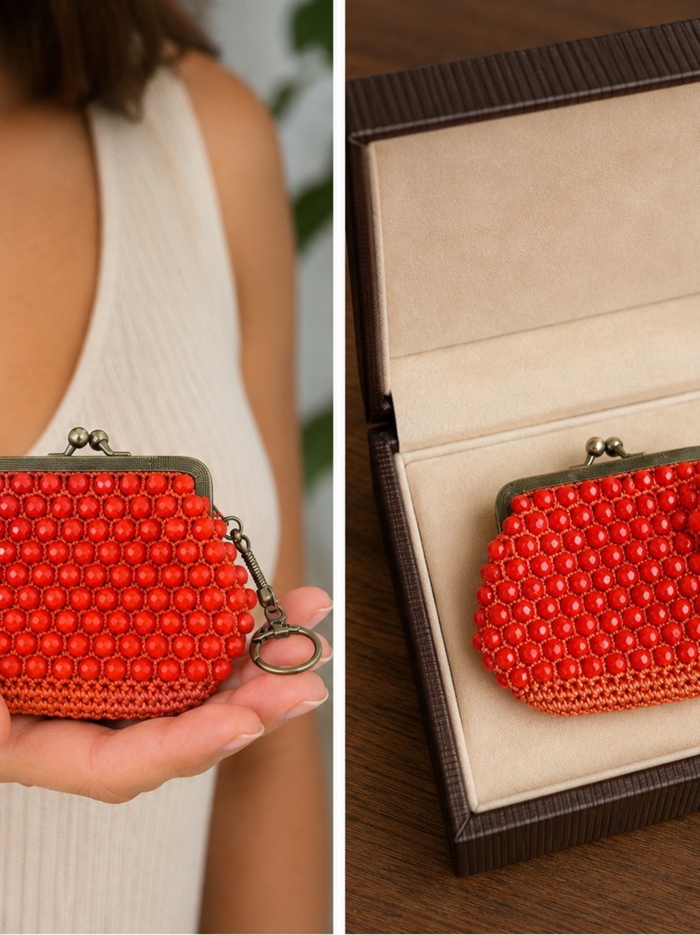 Vintage Adorable Orange Crochet Beaded Coin Purse With Hook For Keys or Purse
